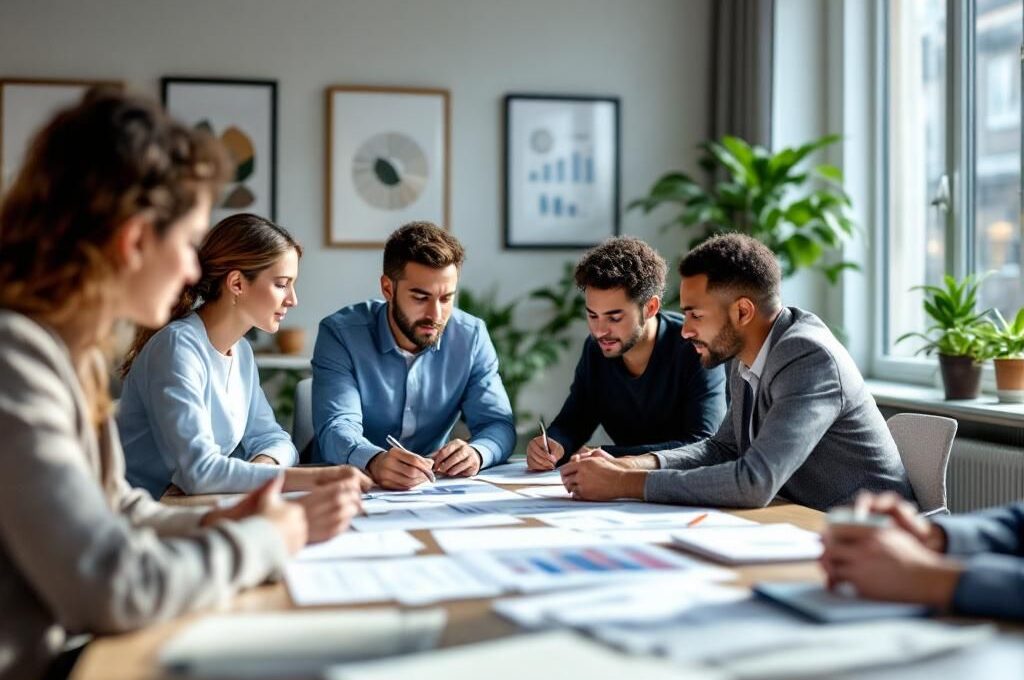 Collègues qui discutent autour d'un bureau