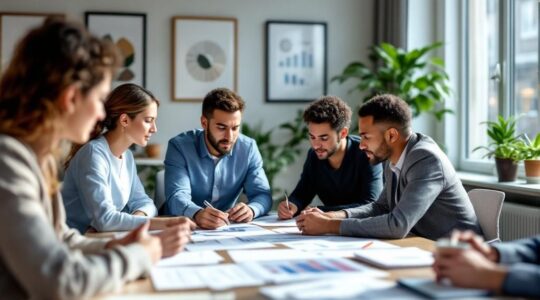 Collègues qui discutent autour d'un bureau
